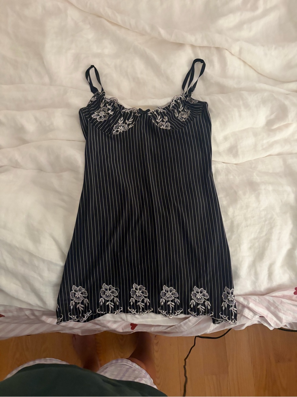 Vintage Black Pinstripe Floral-Embroidered Cami Top - Dreamgirl